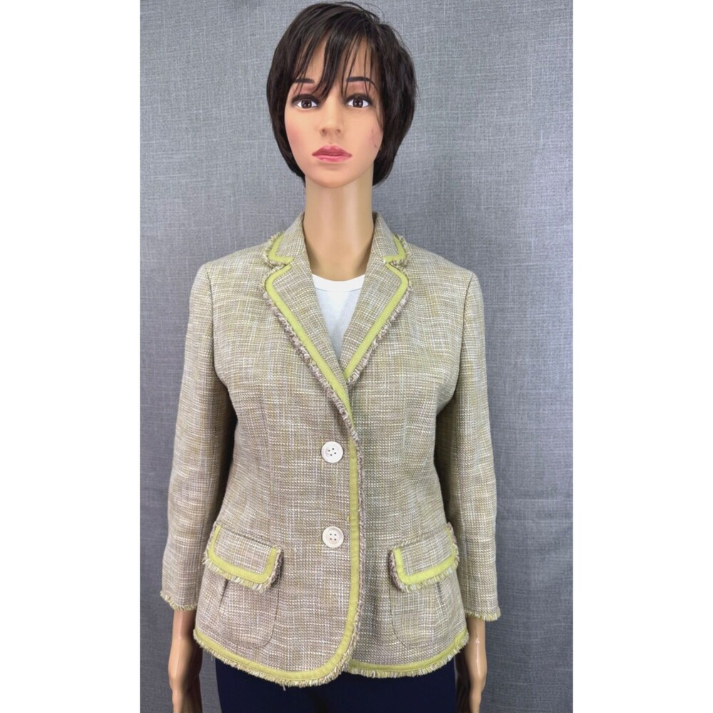 Ann Taylor Tan Cotton Linen Tweed Blazer Frayed Edge Women's Size 8 Green Trim